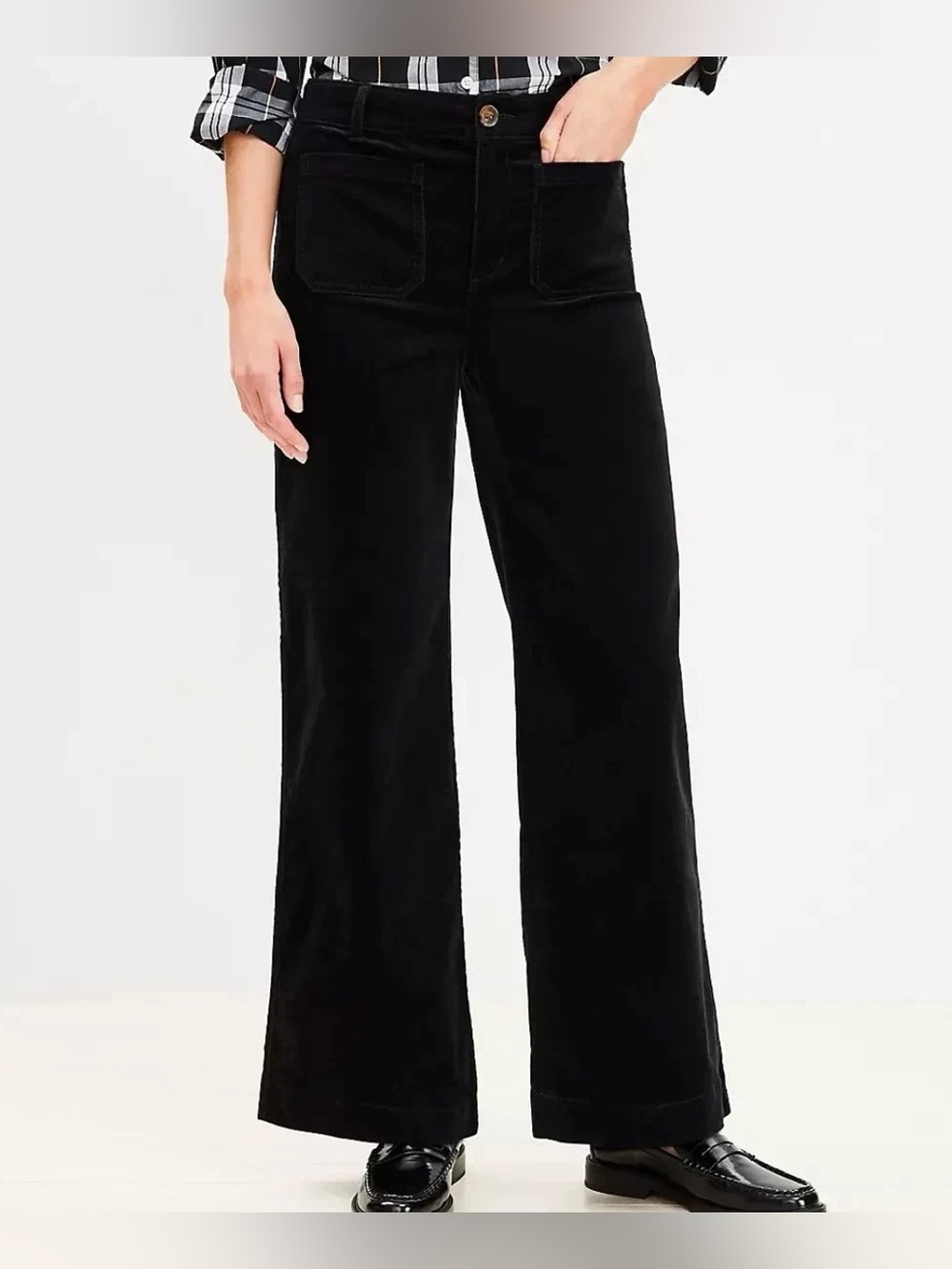 LOFT Pants Womens Curvy Size 14 Palmer Wide Leg Corduroy Black NWT Front Pocket